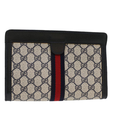 GUCCI GG Canvas Sherry Line Clutch Bag PVC Leather Gray Red Navy Auth th3819