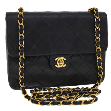 CHANEL Matelasse Chain Flap Turn Lock Shoulder Bag Lamb Skin Black Auth 34659A