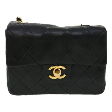 CHANEL Mini Matelasse Chain Flap Shoulder Bag Lamb Skin Black Gold Auth 26731A