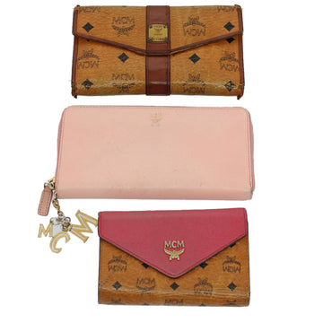 MCM Vicetos Logogram Wallet PVC Leather 3Set Brown Pink Auth ti1228