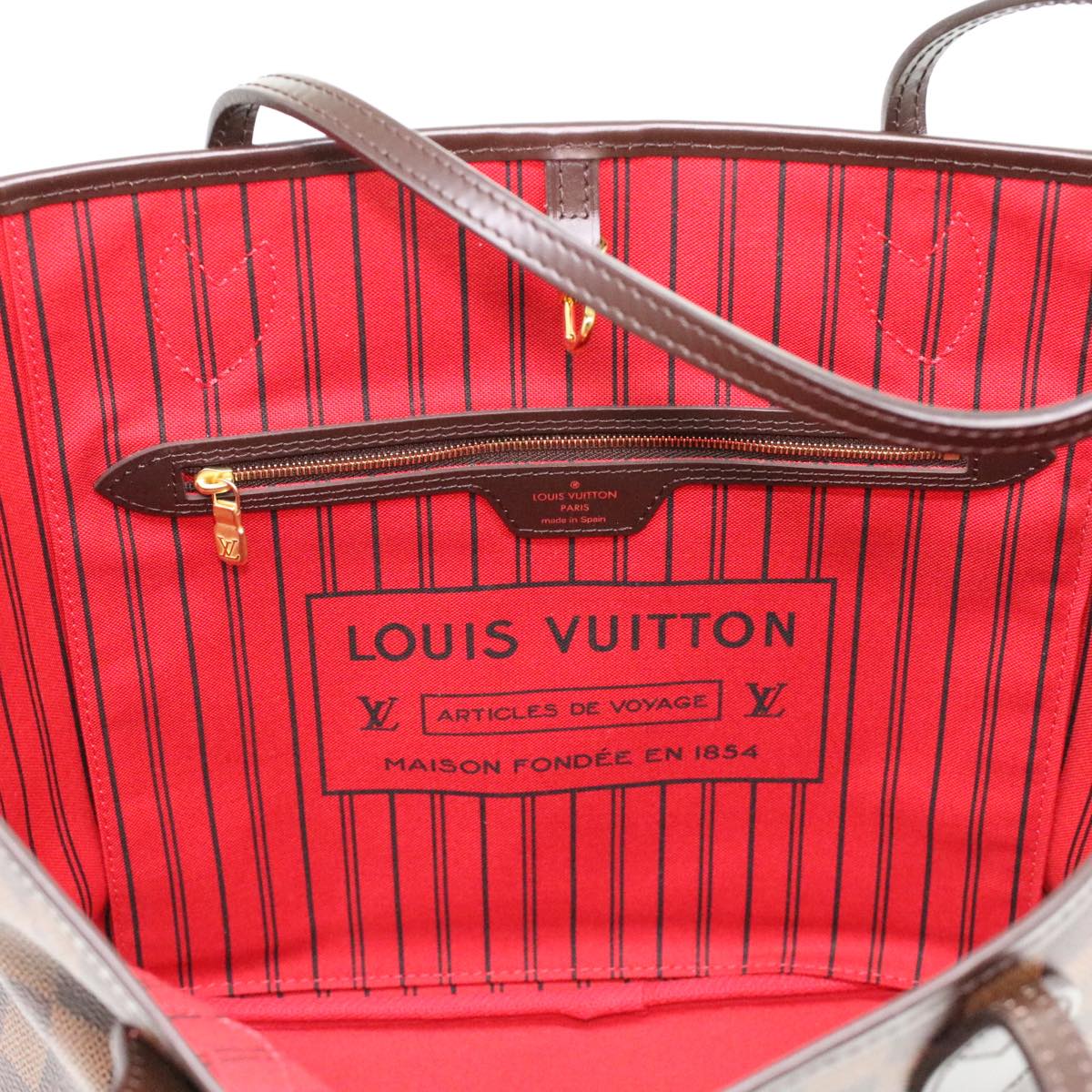 Authentic Louis Vuitton Damier Ebene Neverfull MM with Red Interior Tote  N51105