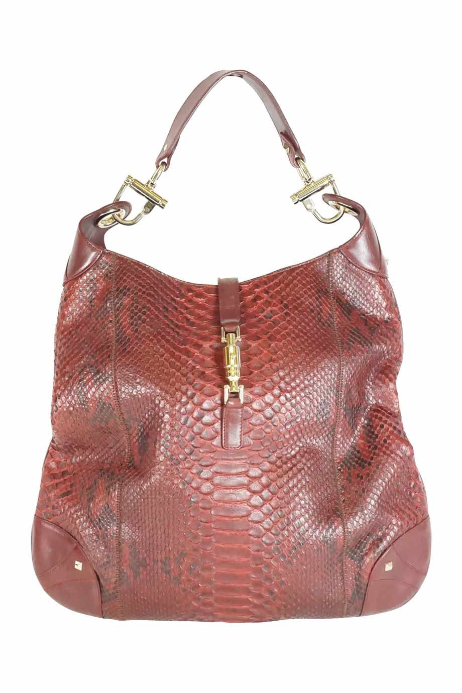 GUCCI Burgundy snakeskin large tote bag with gold tone stud details an