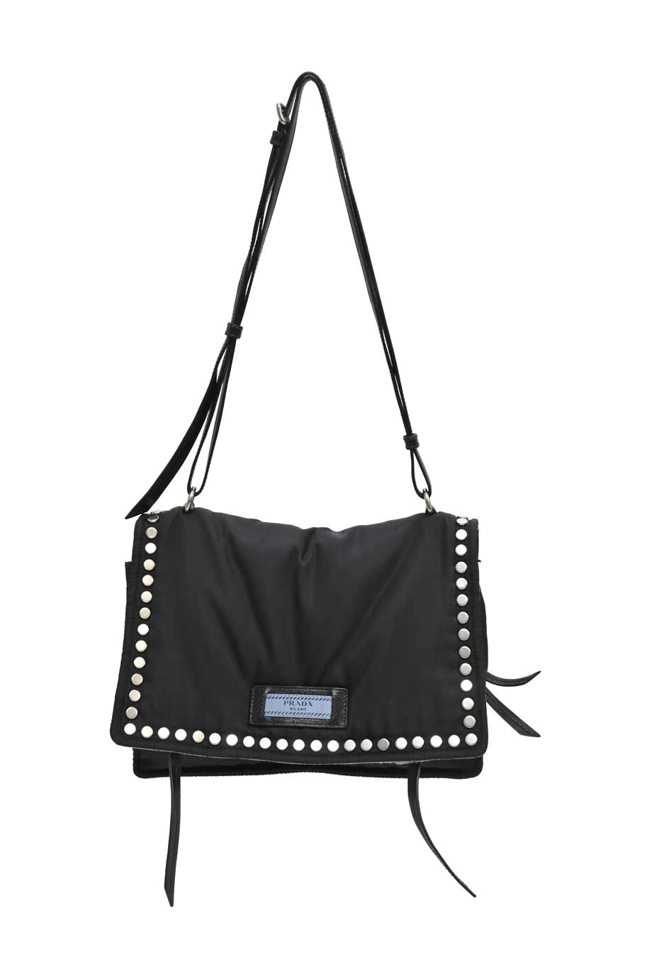 PRADA Black studded nylon Tessuto and leather Etiquette flap shoulder