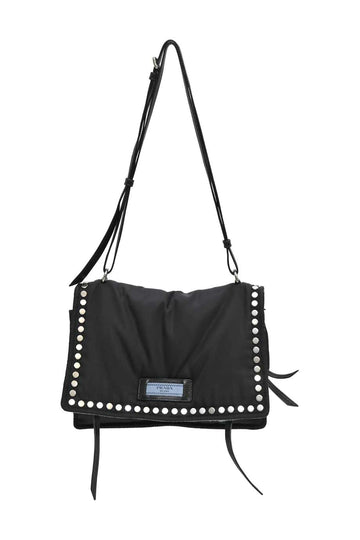 PRADA Black studded nylon Tessuto and leather Etiquette flap shoulder bag with adjustable buckle strap