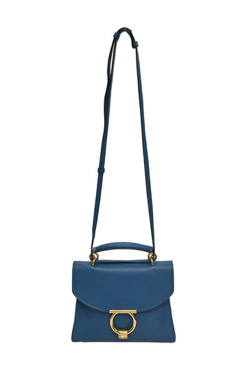 SALVATORE FERRAGAMO Blue grained leather Margot crossbody satchel with gold-tone metallic hardware