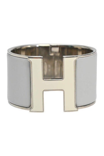 HERMeS Palladium-plated sterling silver and grey enamel extra wide Clic H bracelet