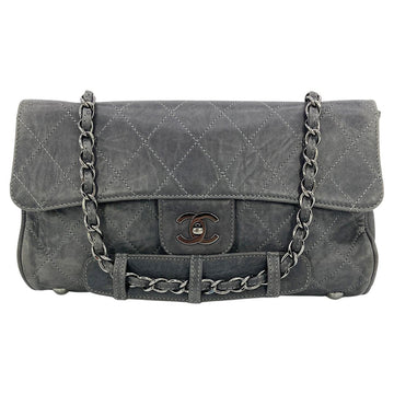 CHANEL Gray Distressed Leather Quilted Classic Flap