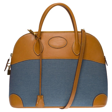 HERMES Rare Bolide handbag strap in Barenia leather and Blue denim, GHW