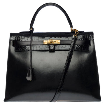HERMES Customized Kelly 35 handbag strap in black calfskin & Crocodile, GHW