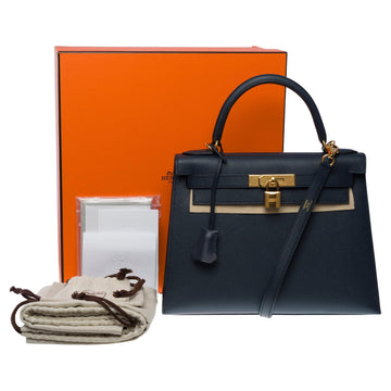 HERMES New Kelly 28 sellier handbag strap in Blue indigo Epsom leather, GHW