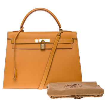 HERMES Very Rare Kelly 32 sellier handbag strap in Gold Chamonix leather , GHW