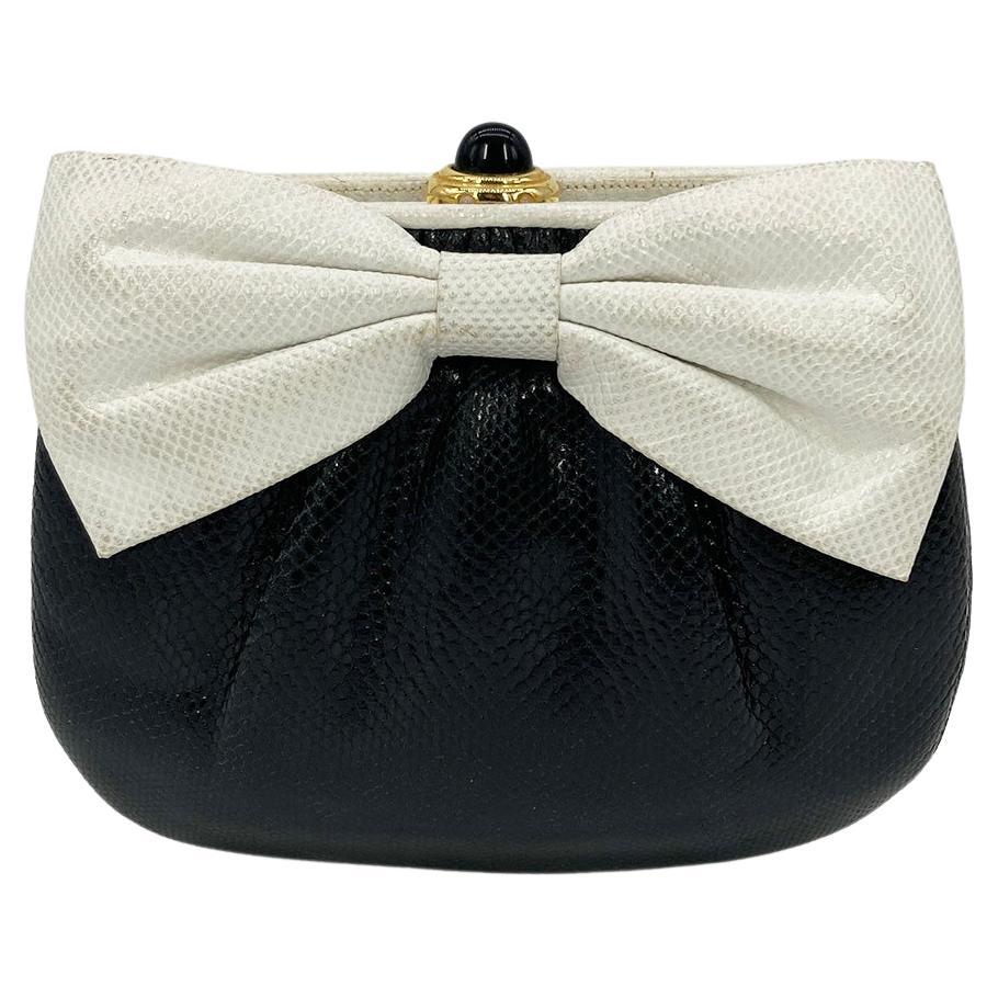 JUDITH LEIBER Black and White Lizard Bow Front Clutch