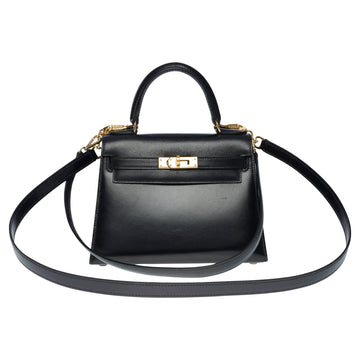 HERMES Rare Mini Kelly 20cm handbag double strap in black box calfskin, GHW