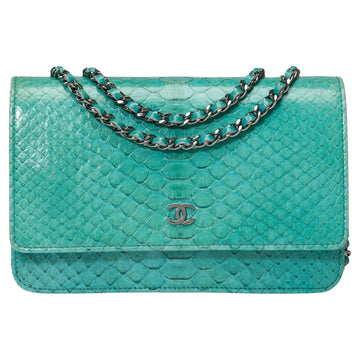 CHANEL Wallet on Chain [WOC] shoulder bag in Turquoise Blue Python leather, SHW