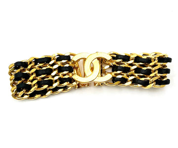 CHANEL Vintage Gold Plated CC Black Leather Chain Bracelet