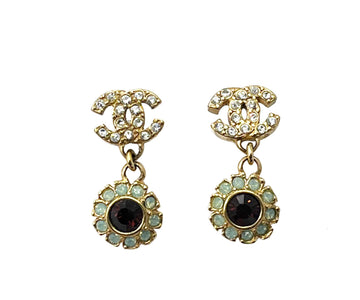 CHANEL Vintage Gold Plated CC Crystal Mint Burgundy Flower Piercing Earrings