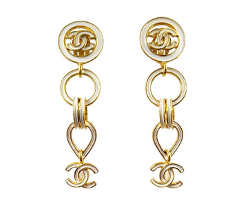 CHANEL Vintage Gold Plated CC White Enamel Chain Long Clip on Earrings