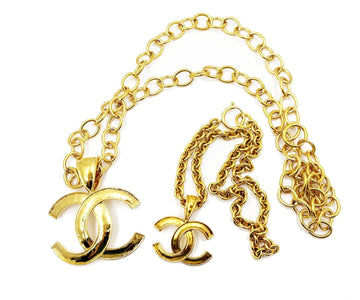 CHANEL 2 Vintage Gold Plated CC Big Small Pendant Necklaces Set