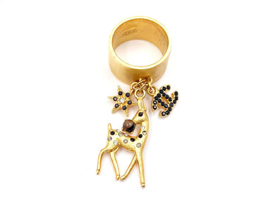 CHANEL Rare Vintage Gold Plated Black CC Bambi Deer Ring