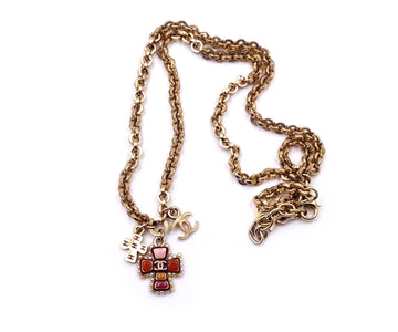 CHANEL Gold Plated CC Red Resin Cross Charms Pendant Necklace