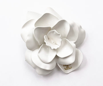 CHANEL Rare White Camellia Silver CC Brooch