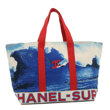 CHANEL Surf line Tote Bag Canvas Blue Red CC Auth yk4388A