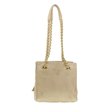 PRADA Chain Shoulder Bag Leather Nylon Beige Auth yk6603