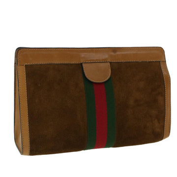 GUCCI Web Sherry Line Clutch Bag Suede Brown Green Red 37.014.2126 Auth yk6703