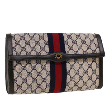 GUCCI GG Canvas Sherry Line Clutch Bag Gray Red Navy 67.014.3087 Auth yk7005B