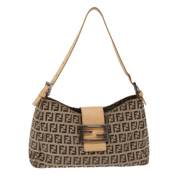 FENDI Zucchino Canvas Mamma Baguette Shoulder Bag Leather Beige Auth yk7711