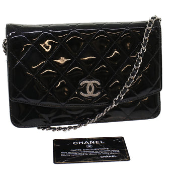 CHANEL Matelasse Brilliant Chain Wallet Patent Leather Black CC Auth yk7921